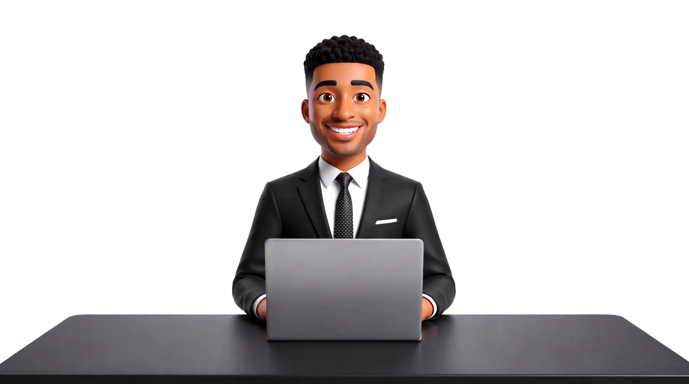 3D character render of Donavon in a black suit and tie, smiling, seated at a laptop on a dark desk.